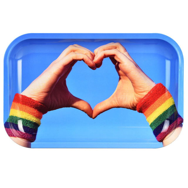 Pulsar Metal Rolling Tray featuring Equality Heart Hands design, 11" x 7" size, with vibrant colors