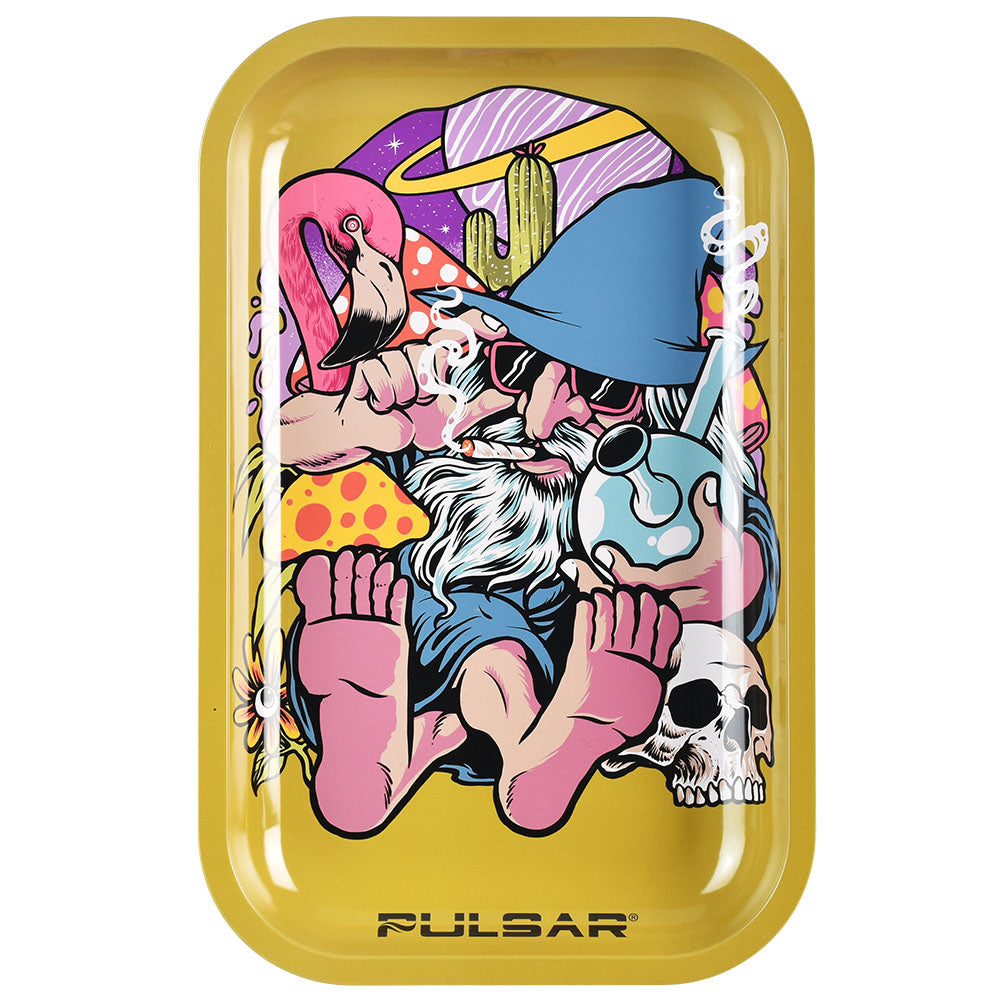 Pulsar Metal Rolling Tray with Flamingo Wizard Design, 11"x7", Medium Size, Top View