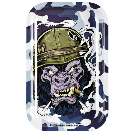 Pulsar Metal Rolling Tray with Gorilla Warfare design, 11"x7" size, front view on white background