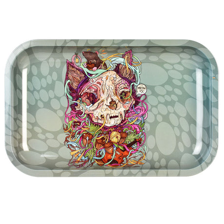 Pulsar Metal Rolling Tray with MrOw vibrant art design, 11"x7" size, top view on white background