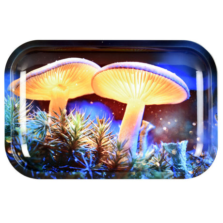 Pulsar Metal Rolling Tray with Mystical Mushroom design, 11"x7" size, front view on white background