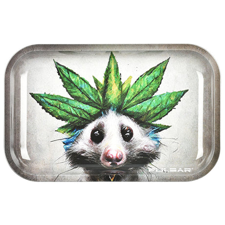 Pulsar Metal Rolling Tray with Opotsum design, 11"x7", featuring a cannabis leaf on a medium-sized tray