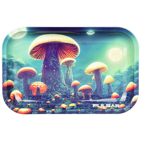 Pulsar Metal Rolling Tray with vibrant Planet Fungi design, 11"x7" size, front view on white background