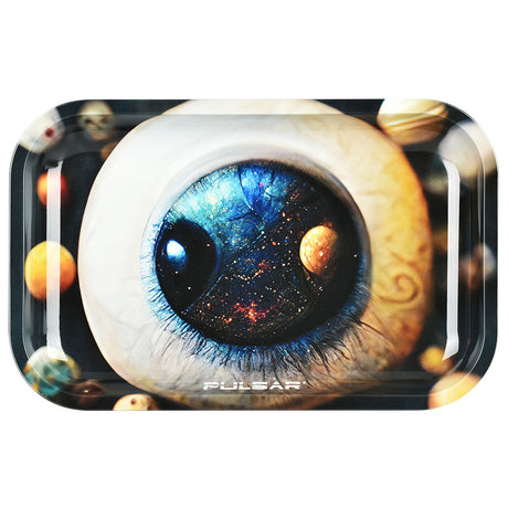 Pulsar Metal Rolling Tray featuring a cosmic eye design, 11"x7" size, perfect for organizing rolling accessories