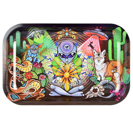 Pulsar Metal Rolling Tray with Psychedelic Desert Design, 11"x7", Top View