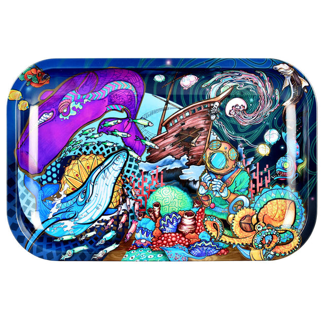 Pulsar Metal Rolling Tray with Psychedelic Ocean Design, Medium 11"x7" Size, Vibrant Colors