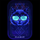 Pulsar Metal Rolling Tray with Sacred Cat Geometry Design, 11"x7", in Vibrant Blue