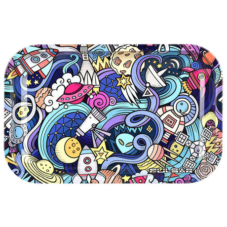 Pulsar Metal Rolling Tray with Space Junk design, 11"x7" size, vibrant cosmic graphics, top view