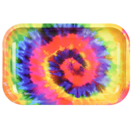 Pulsar Metal Rolling Tray with vibrant spiral tie-dye design, 11"x7" size, top view