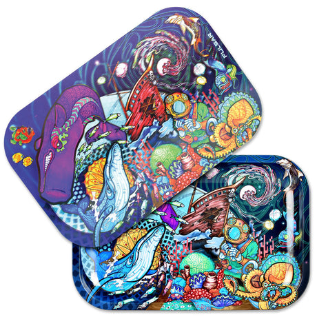 Pulsar 11" x 7" Metal Rolling Tray with 3D Psychedelic Ocean Lid, Vibrant Colors, Medium Size
