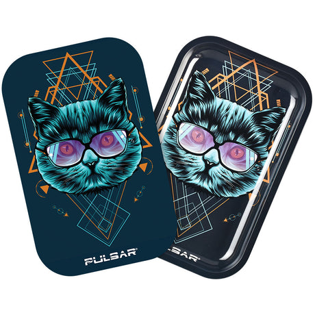 Pulsar Metal Rolling Tray with 3D Sacred Cat Geometry Design, 11"x7", Top View