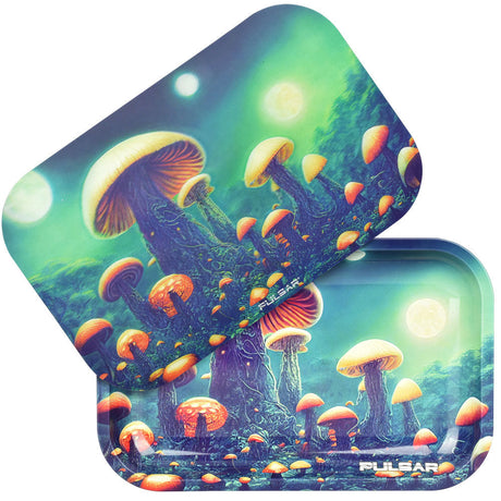 Pulsar Metal Rolling Tray with 3D Planet Fungi Lid, 11"x7", vibrant mushroom design