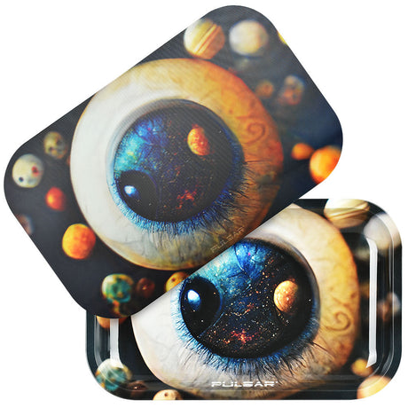 Pulsar Metal Rolling Tray with 3D Planet Watcher Lid, 11"x7", cosmic design, angled view