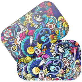 Pulsar Metal Rolling Tray with Vibrant 3D Space Junk Design, 11"x7", Medium Size, Top View