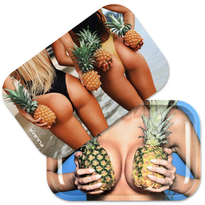 Pulsar 11" x 7" Metal Rolling Tray with Lid featuring a Pineapple design, perfect for travel and storage