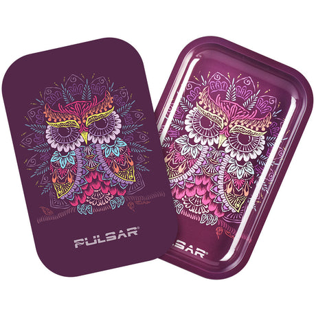 Pulsar Metal Rolling Tray with Owl Mandala Design, 11"x7", with Magnetic Lid