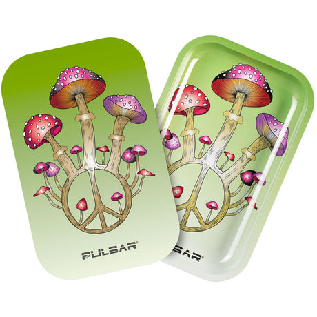 Pulsar Metal Rolling Tray with Lid featuring Peace N Shrooms design, 11"x7", ideal for easy rolling