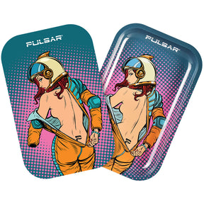 Pulsar Metal Rolling Tray with Lid featuring Zero-G Strip Glow design, 11"x7", ideal for rolling accessories