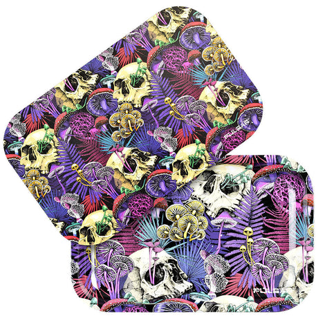 Pulsar Metal Rolling Tray w/ Lid 'Forgotten Trip' design, 11"x7", vibrant psychedelic skull and foliage pattern