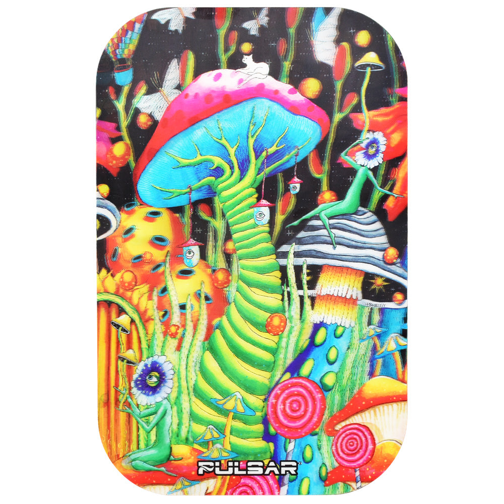 Pulsar Metal Rolling Tray with Lid featuring a vibrant Garden of Cosmic Delights design, 11" x 7" size, front view