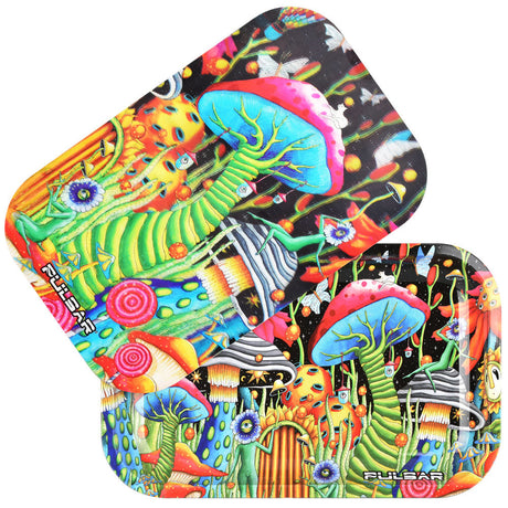 Pulsar Metal Rolling Tray with Lid featuring a vibrant cosmic garden design, size 11" x 7", top view