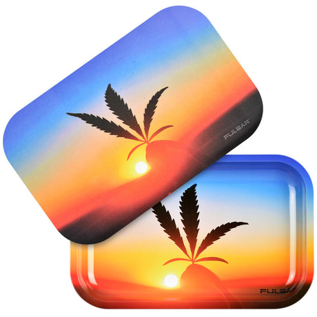 Pulsar Metal Rolling Tray with Lid featuring a Leafy Sunset design, 11"x7" size, top view