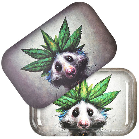Pulsar Metal Rolling Tray with Lid featuring an Opossum and Cannabis Leaves Design, 11"x7" Size