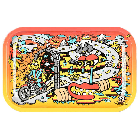 Pulsar Metal Rolling Tray with Lid featuring a colorful Road Trip design, size 11" x 7", front view