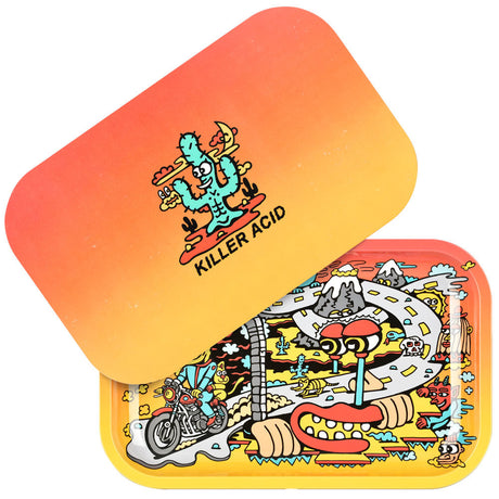 Pulsar Metal Rolling Tray with Lid featuring a vibrant Road Trip design, size 11" x 7"