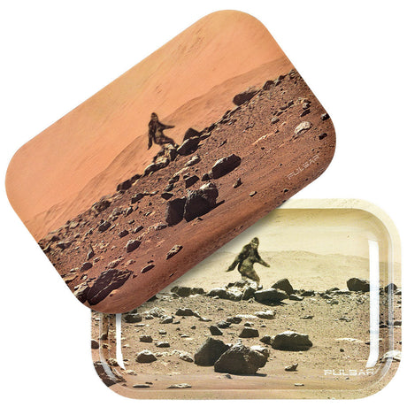 Pulsar Metal Rolling Tray with 3D Bigfoot on Mars Lid, 11" x 7" Size, Top and Side View