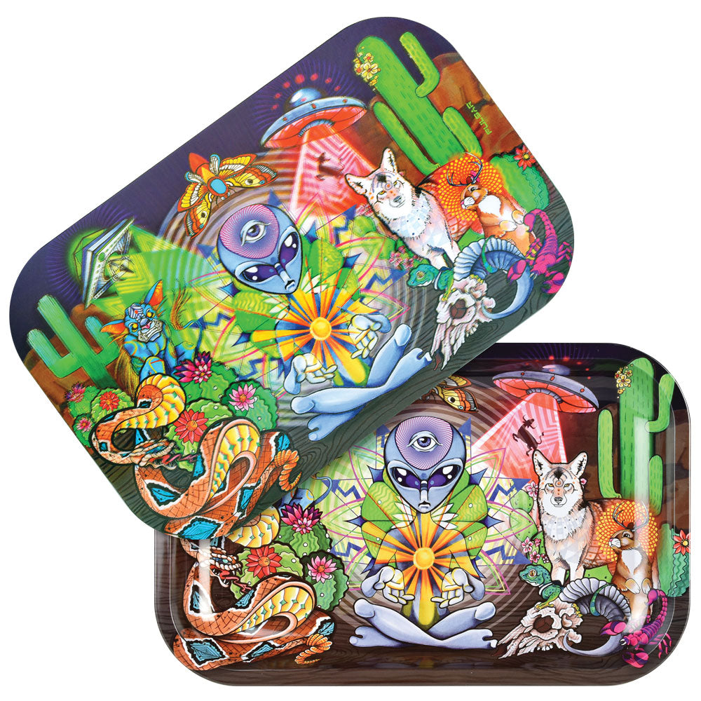 Pulsar Metal Rolling Tray with 3D Lid featuring Psychedelic Desert design, 11" x 7" size, top view