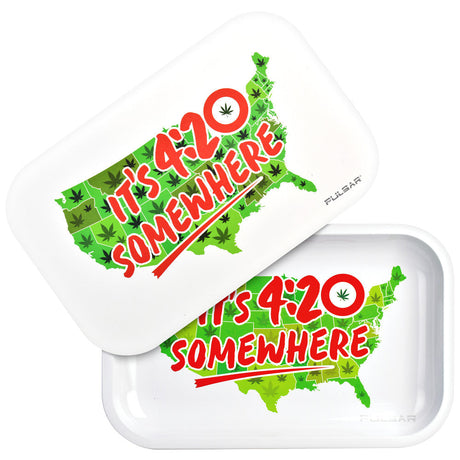 Pulsar Metal Rolling Tray with Lid featuring 'It's 4:20 Somewhere' design, top and open view.