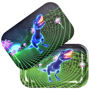 Pulsar Metal Rolling Tray with Lid featuring a vibrant 80s T-Rex design, 11" x 7" size, perfect for secure rolling