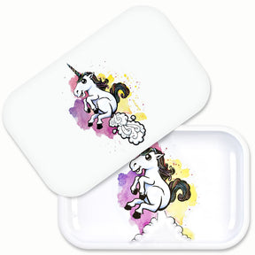 Pulsar Metal Rolling Tray with Farticorn Design and Lid - 11" x 7" Top View