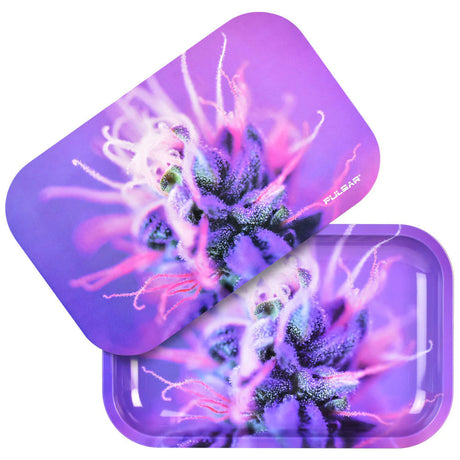Pulsar Metal Rolling Tray with Lid featuring a vibrant flowering cannabis design, 11" x 7" size