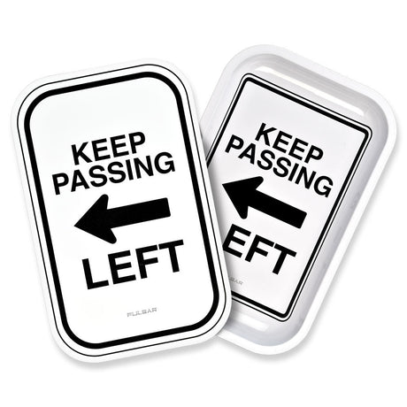 Pulsar Metal Rolling Tray with Lid featuring 'Keep Passing Left' slogan, 11" x 7" size, top view