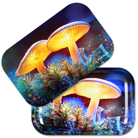 Pulsar Metal Rolling Tray with Lid featuring Mystical Mushrooms design, 11" x 7" size, top view