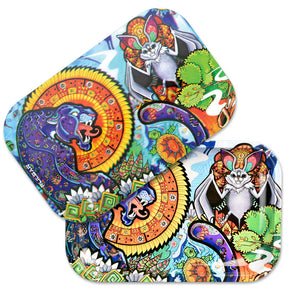 Pulsar Metal Rolling Tray with Lid featuring a Psychedelic Jungle design, top view, 11" x 7" size