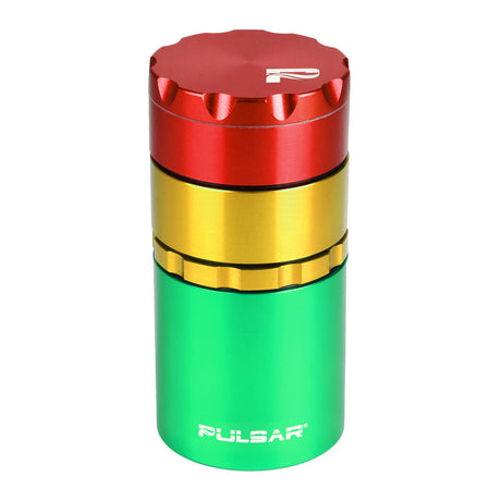 Pulsar 4-Piece Grinder in Rasta Colors with Storage - Front View on White Background