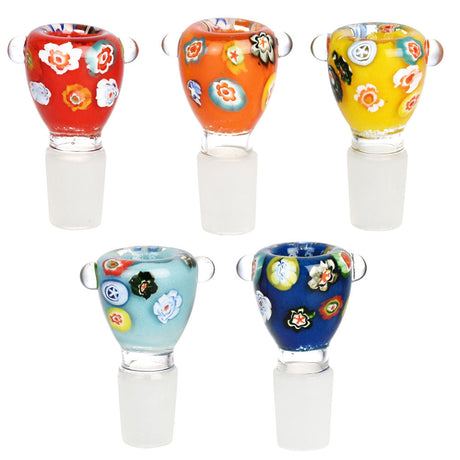 Pulsar Millefiori Vintage Floral Glass Bowl Slides, colorful designs, front view on white