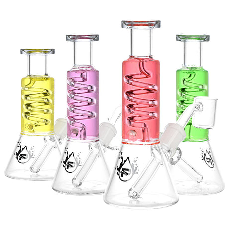 Pulsar Mini Glycerin Coil Beaker Dab Rigs in yellow, pink, red, and green - front view