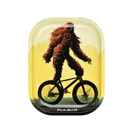 Pulsar Mini Metal Rolling Tray with Lid featuring Bigfoot on a Bike, 7"x5.5", ideal for travel and storage