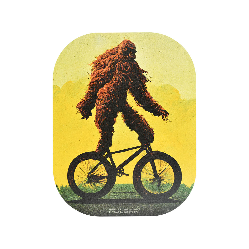 Pulsar Mini Metal Rolling Tray with Lid featuring Bigfoot on a Bike illustration, 7"x5.5", ideal for storage