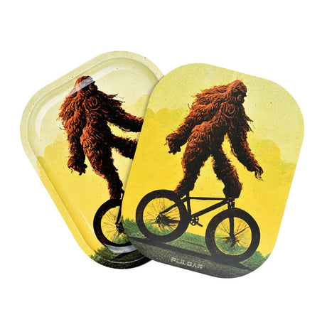 Pulsar Mini Metal Rolling Tray with Lid featuring Bigfoot on Bike design, 7"x5.5" size, top view