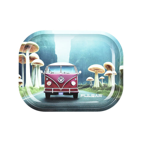 Pulsar Mini Metal Rolling Tray with Lid featuring a Camper Van and Mushrooms design, size 7"x5.5"