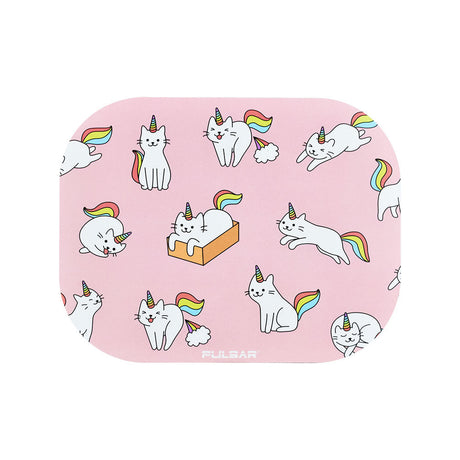 Pulsar Mini Metal Rolling Tray w/ Lid, Caticorns design, 7"x5.5", top view on white background