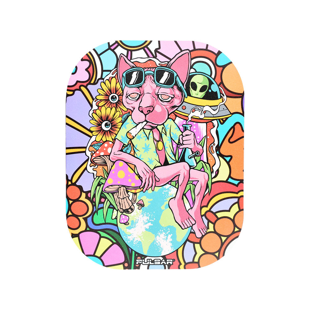 Pulsar Mini Metal Rolling Tray w/ Lid featuring a Chill Cat design, colorful graphics, 7"x5.5" size, front view