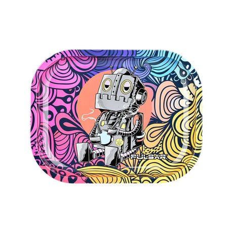 Pulsar Mini Metal Rolling Tray with DopeBot Design, 7"x5.5", Vibrant Psychedelic Patterns