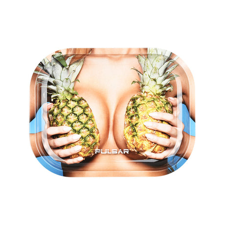 Pulsar Mini Metal Rolling Tray with Lid featuring Large Pineapples design, 7"x5.5", top view