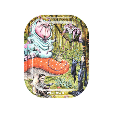 Pulsar Mini Metal Rolling Tray with Lid featuring Malice in Wonderland artwork, 7"x5.5", top view